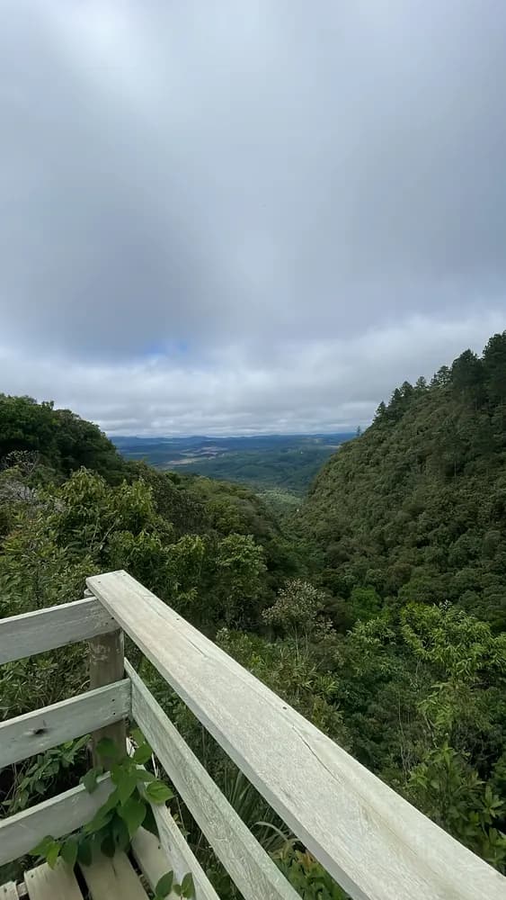 Guarda-corpo de madeira em mirante, com vale de mata verde e céu nublado