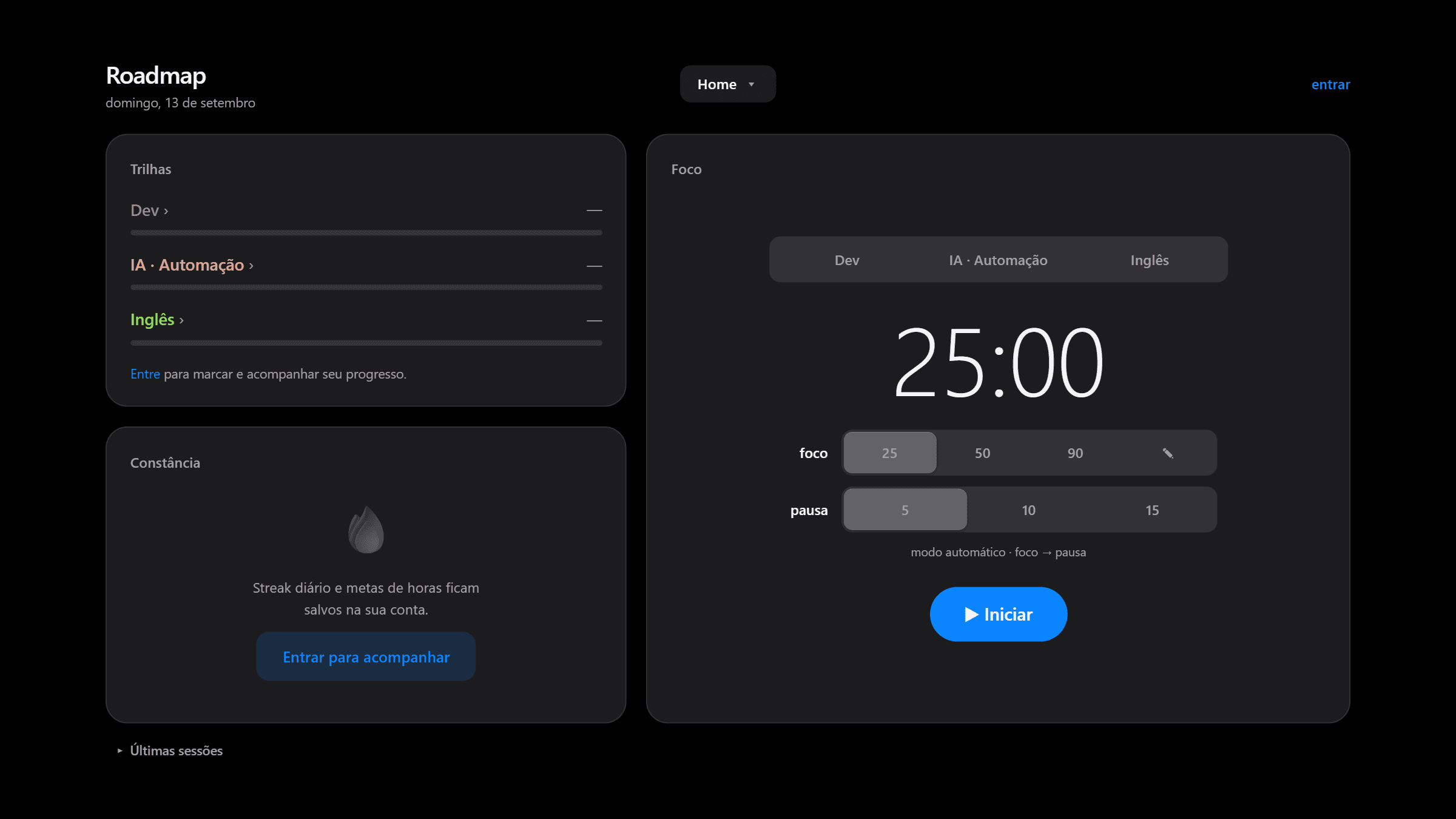 Tela do Roadmap com as trilhas de estudo, o pomodoro e o painel de constância