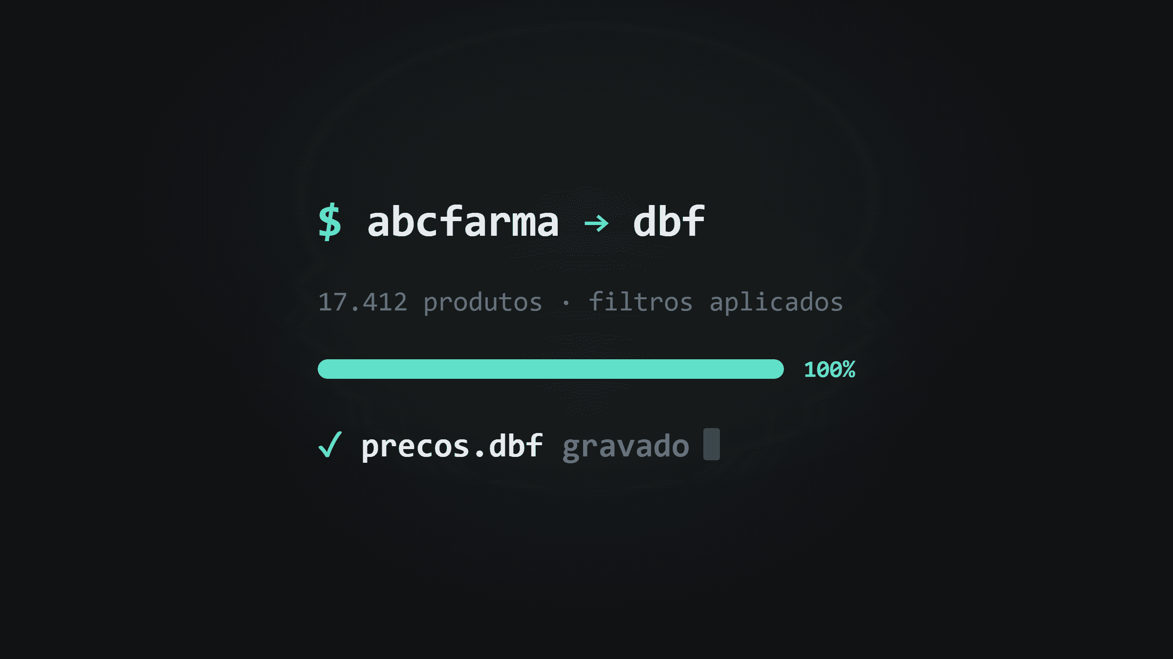 Terminal com o log de execução: produtos processados e o arquivo .DBF gerado