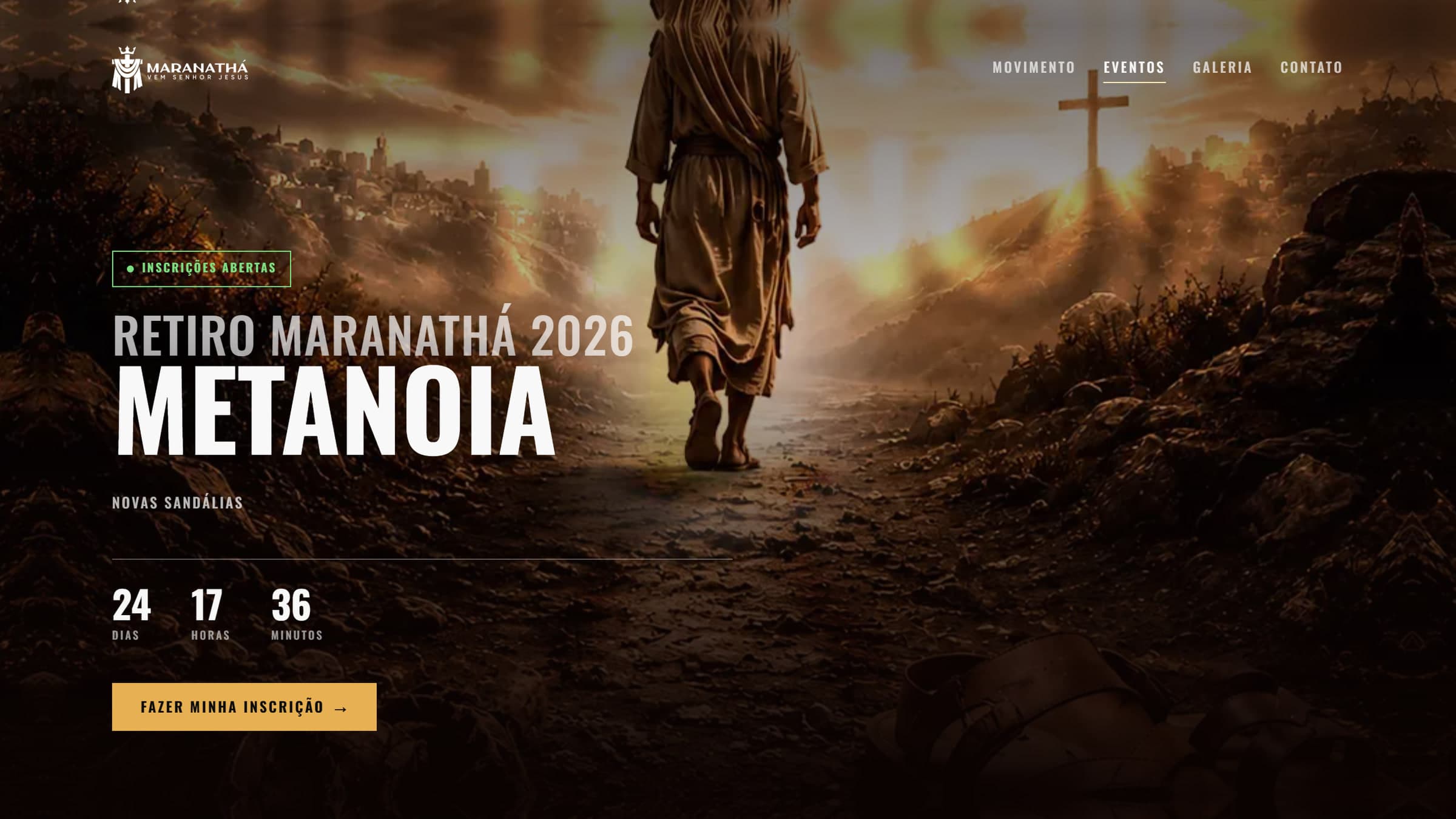 Página de um evento do Maranathá com contagem regressiva e botão de inscrição